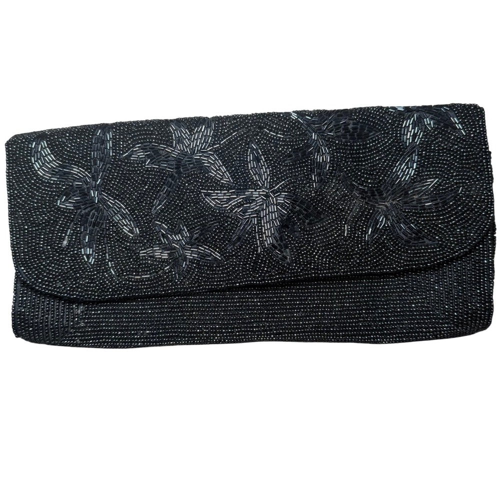 Vintage 50s/60s SchildKraut Japan Black Beaded Evening Clutch Floral Bugle